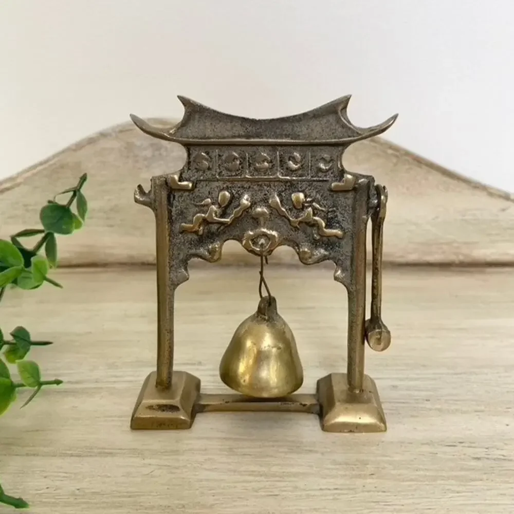 Vintage Lobeco Brass Pagoda Gong Miniature Bell With Striker Chinoiserie Decor